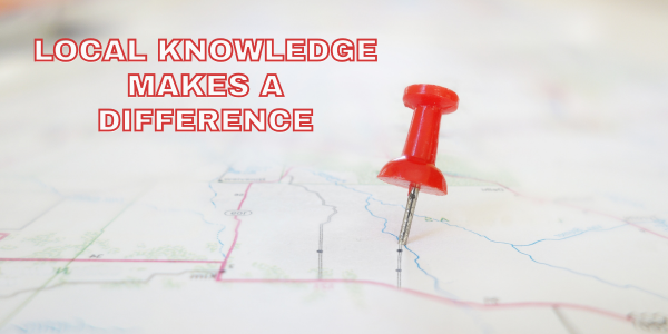 A red pushpin is placed on a map with the bold text "Local Knowledge Makes a Difference" in red, conveying the importance of local insight - dbennettinsurance.com